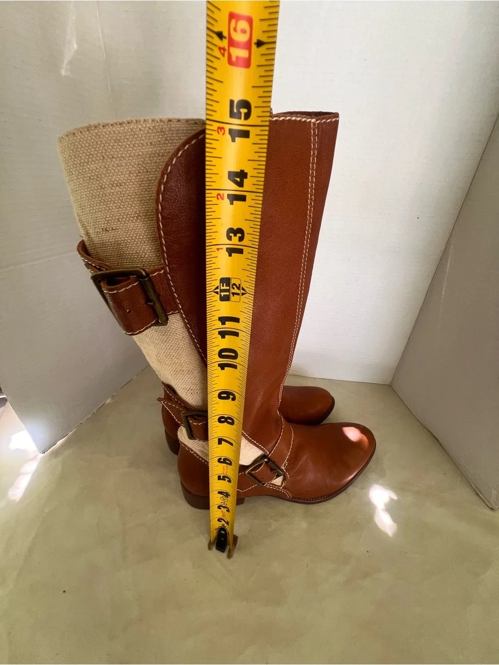 Women’s Corso Como  Tall Brown and Cream  canvas Buckle Riding Boots